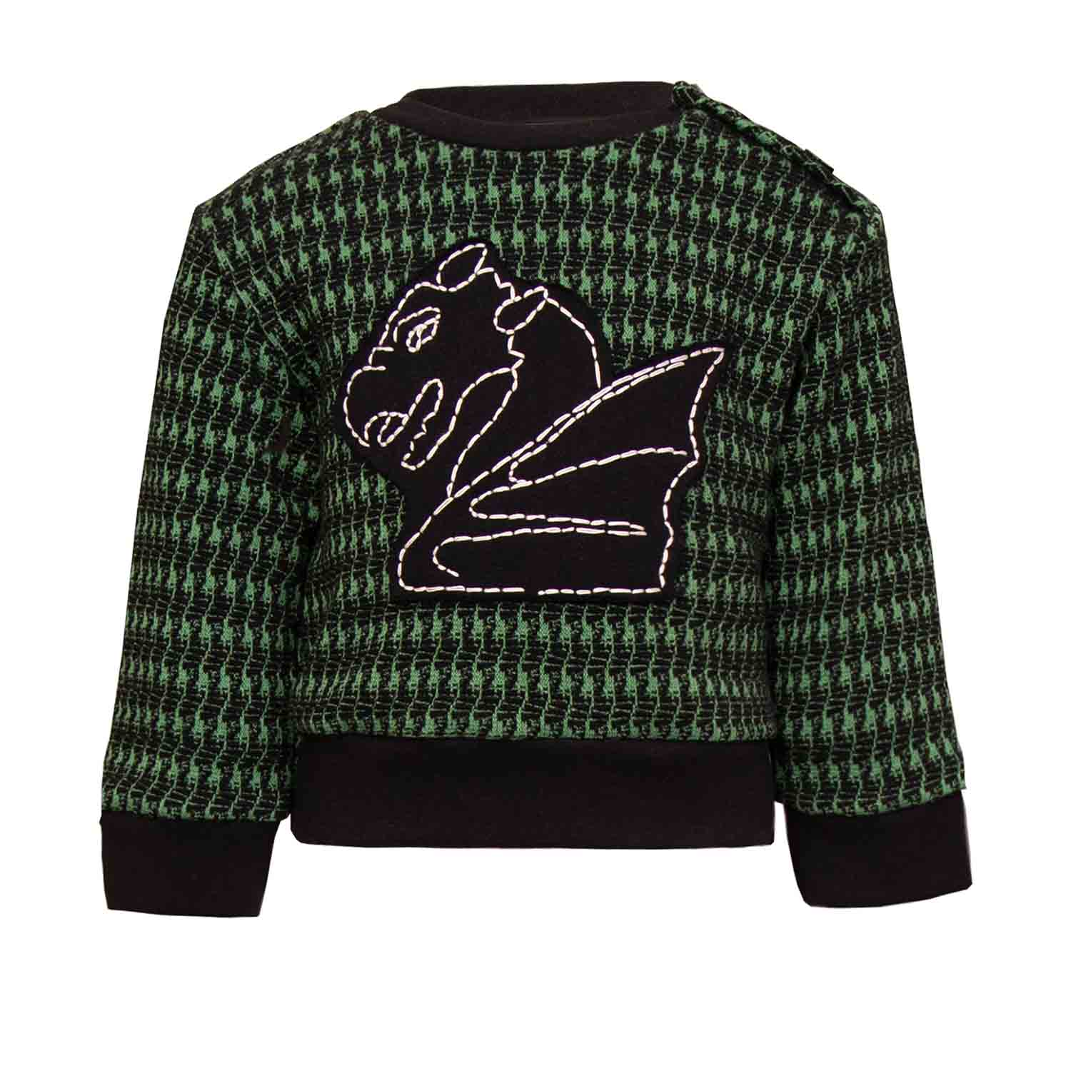Black and green pied de poule Baby Sweatshirt with Dragon Appliqué - Cityz Atelier lumiere
