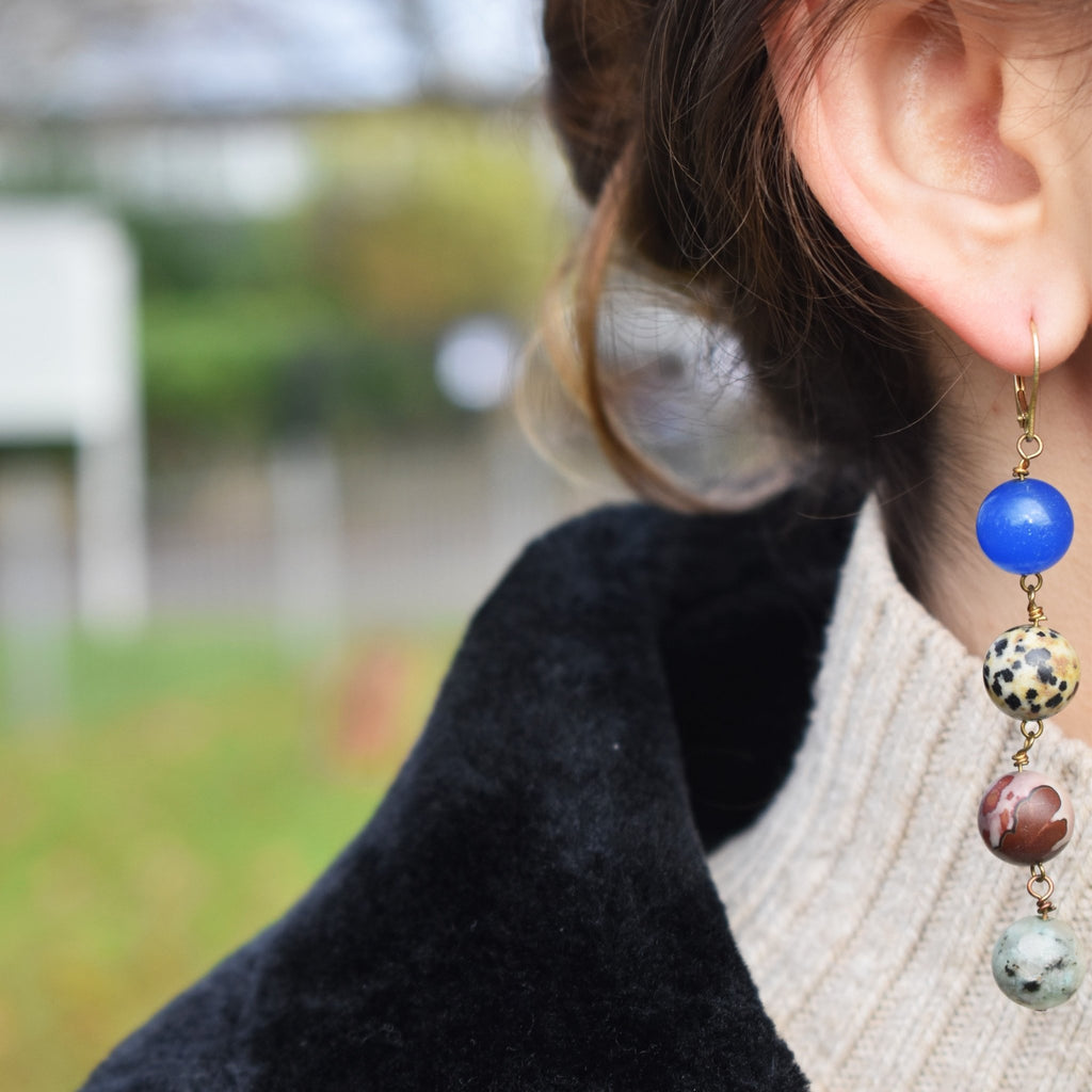 Blue Aventurine, Dalmatian Jasper, Mookaite and Sesame Jasper Yellow gold vermeil or 18k gold earrings | by nlanlaVictory - Cityz Atelier lumiere