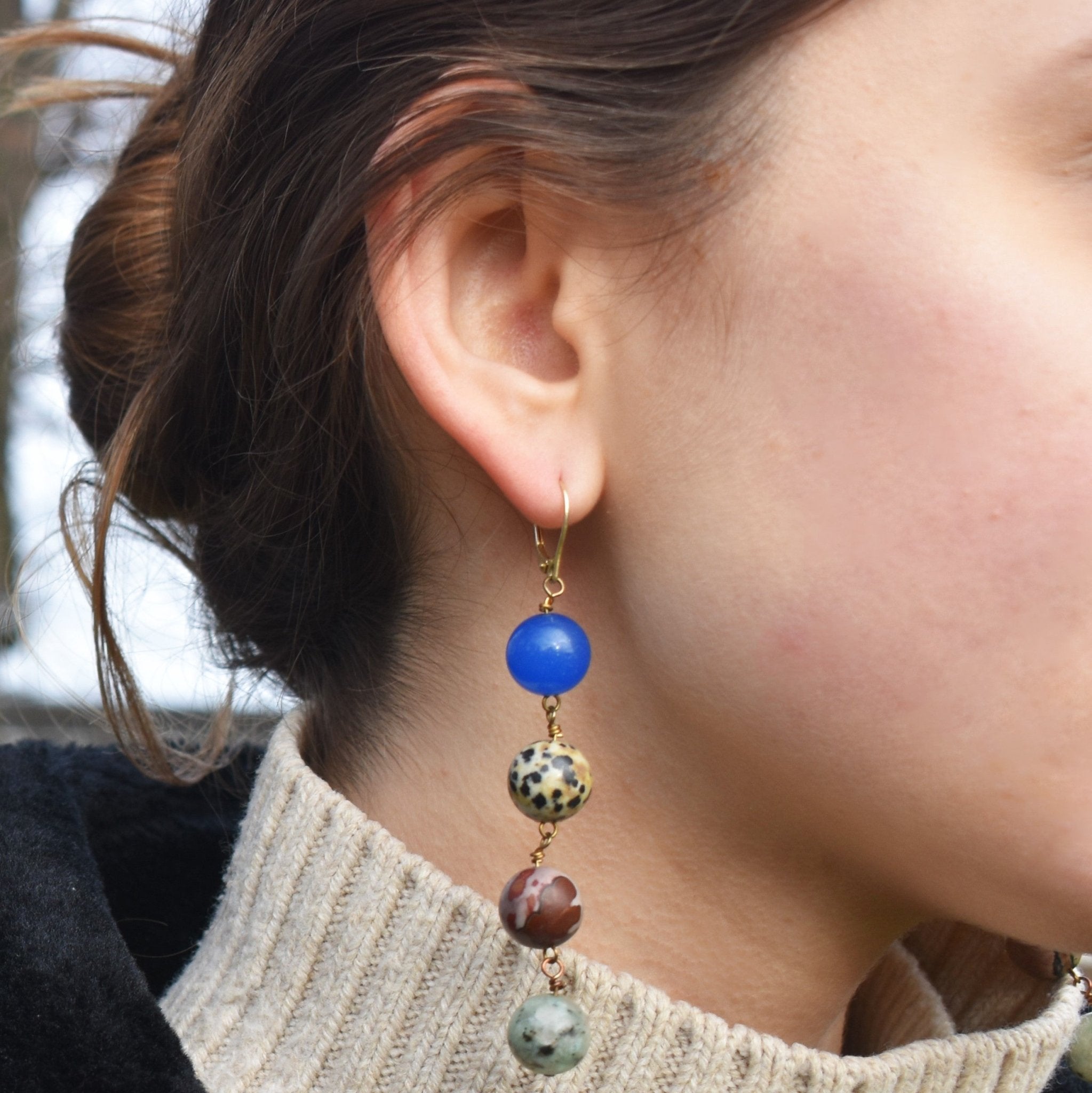 Blue Aventurine, Dalmatian Jasper, Mookaite and Sesame Jasper Yellow gold vermeil or 18k gold earrings | by nlanlaVictory - Cityz Atelier lumiere