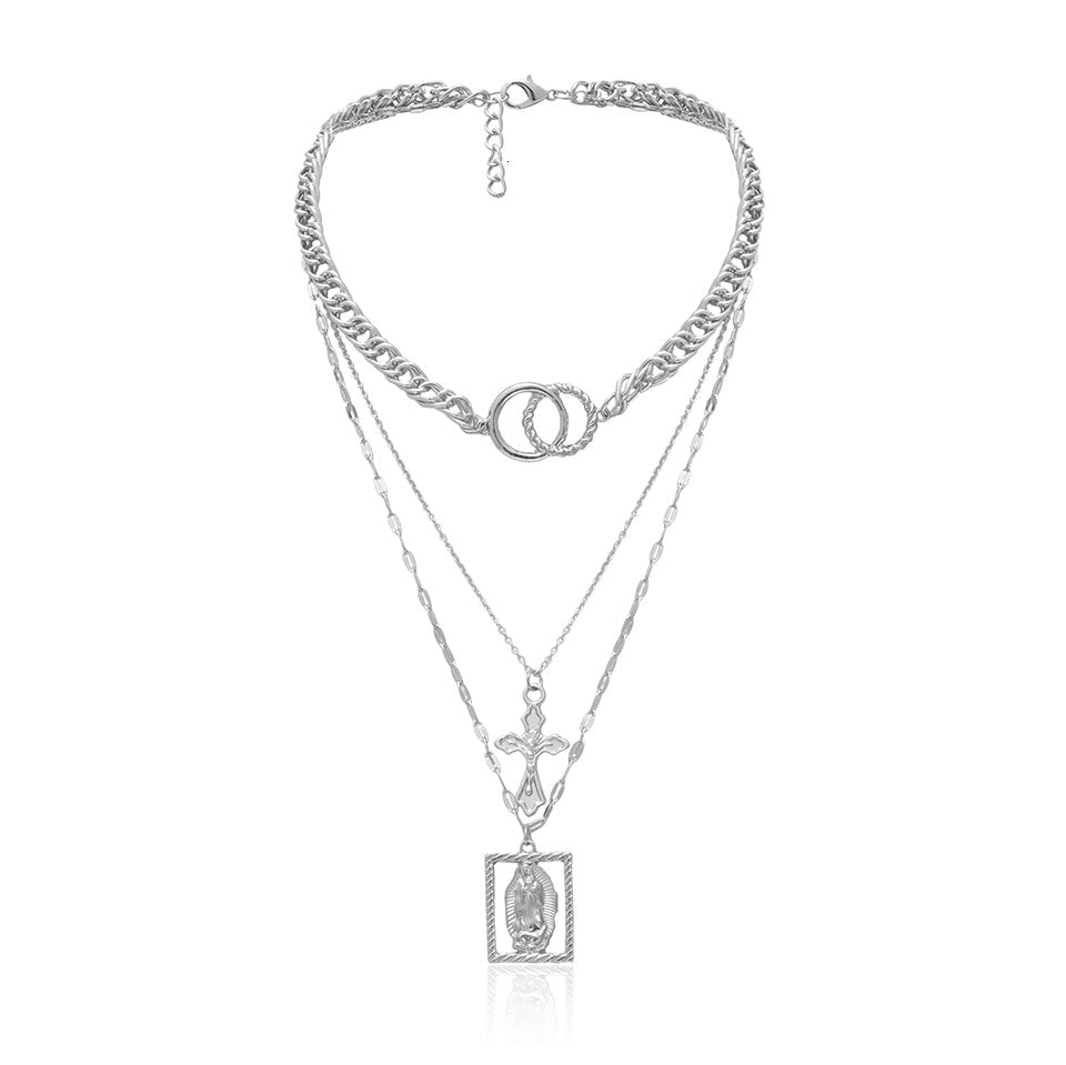 Vintage Multilayer Double Ring Embossed Jesus Necklace - Cityz Atelier lumiere
