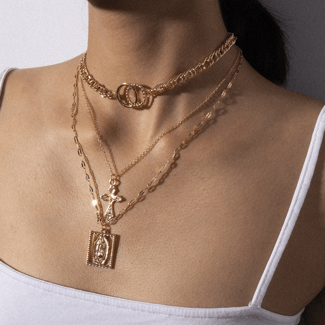 Vintage Multilayer Double Ring Embossed Jesus Necklace - Cityz Atelier lumiere
